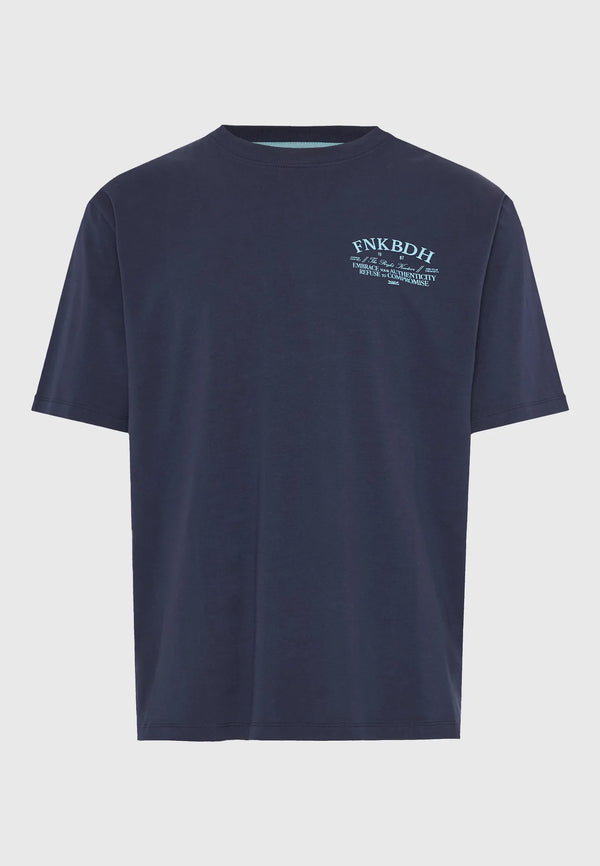 Ανδρικό relaxed t-shirt Funky Buddha με τύπωμα στην πλάτη Navy